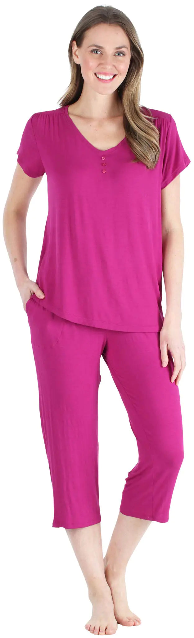 Pajama Heaven Womens Bamboo Jersey V-Neck and Capri Pant Pajama Set Pajama Set - Magenta Small