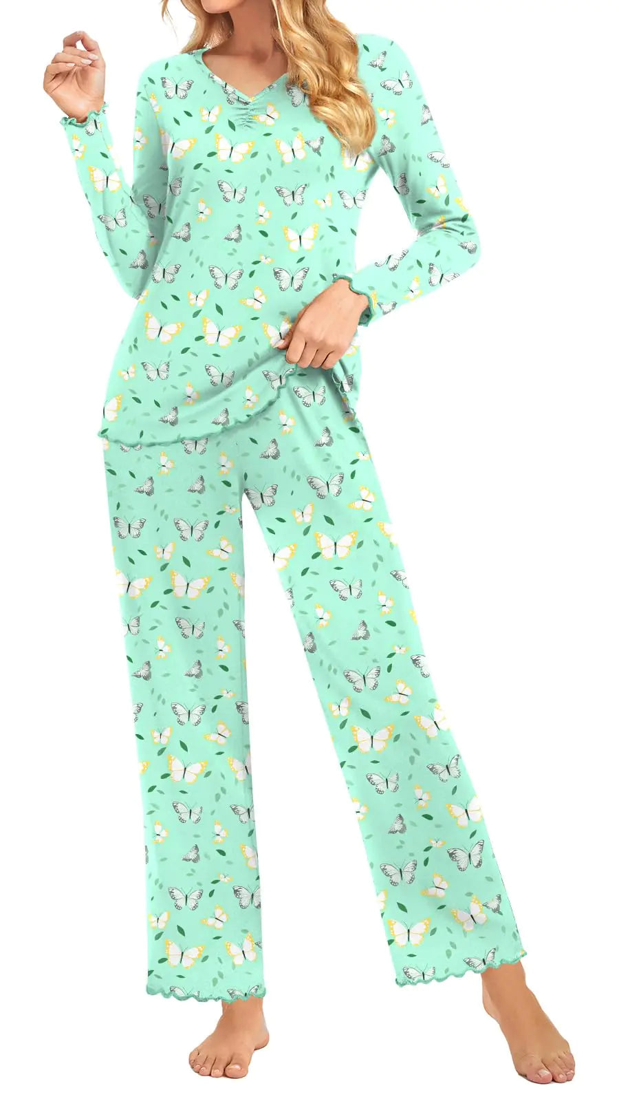 ALIGADUO Fall-Winter Womens Comfy Long Sleeve Pajama Set Soft 2 Piece Sleepwear Casual Pjs Loungewear with Pockets XL Colorful Butterfly Green