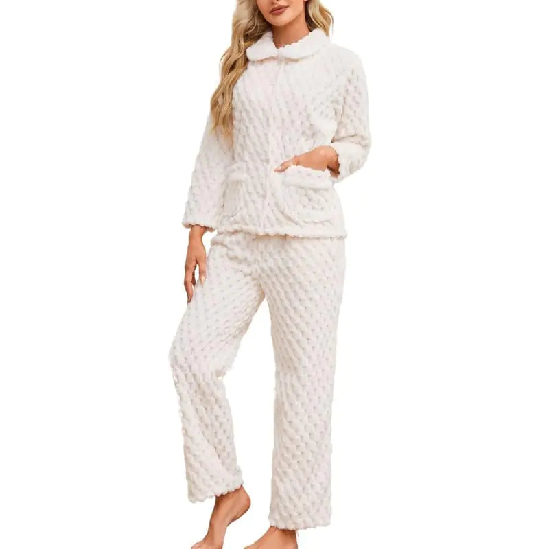 LYCY Womens Plush Pajama SetSoft Warm Fleece Pajama for Women Button-up Sleepwear Lounge Pjs(White 2XL)