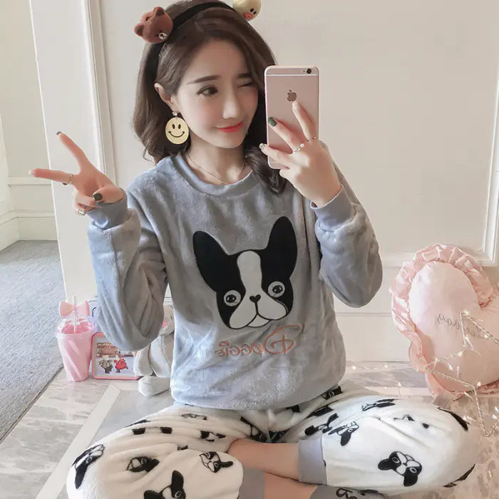 Cute Dog Printed Coral Fleece Pajama Set (2 Pieces)