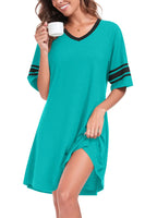 REGAI Nightgowns for Women Short Sleeve Sleepwear V Neck Sleepshirt Night Dress Turquoise Blue M