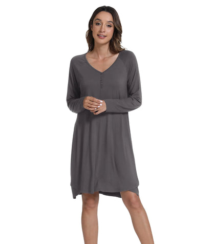 WiWi Womens Long Sleeve Viscose from Bamboo Nightgowns Soft Sleep Shirt V Neck Night Dress Button Down Nightshirt S-XXLDark GreyLarge