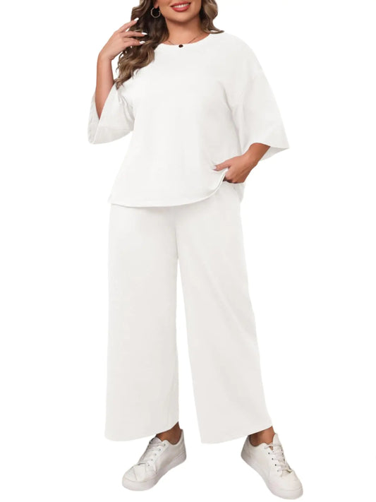 Beautife Womens Plus Size 2 Piece Outfits 3/4 Sleeve Tops and Wide Leg Pants Loungewear Pajamas Sets White