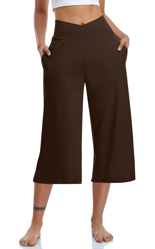 TARSE Womens Casual Wide Leg Yoga Capris Plus Size Crossover High Waist Capri Pants Loose Soft Pajama Pockets Sweatpants(BrownXXXL 3XL)