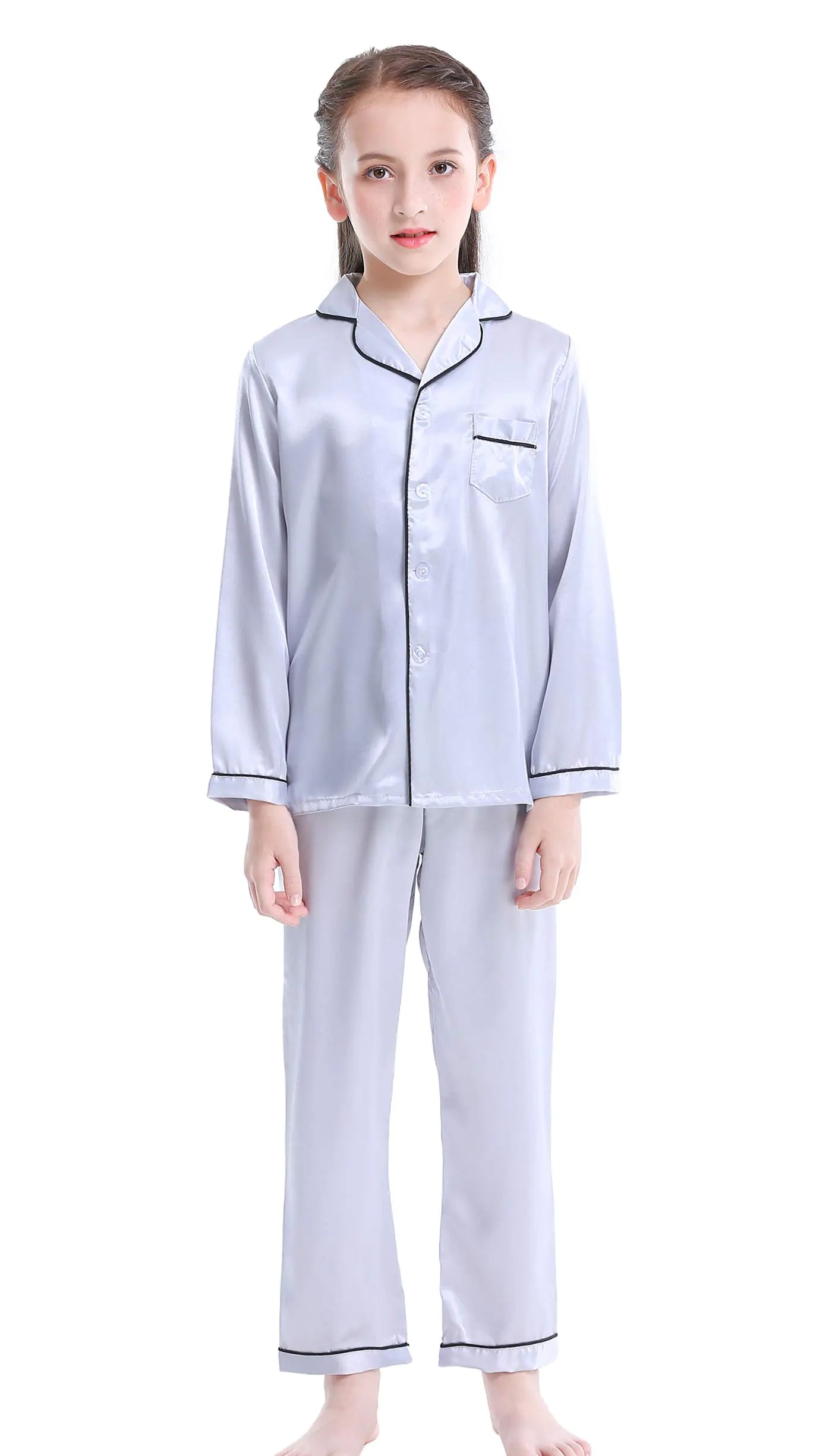 Mergorte Girls Boys Satin Long Sleeve Button-Down Pajamas Set Sleepwear Loungewear Silver 130#5-6Y