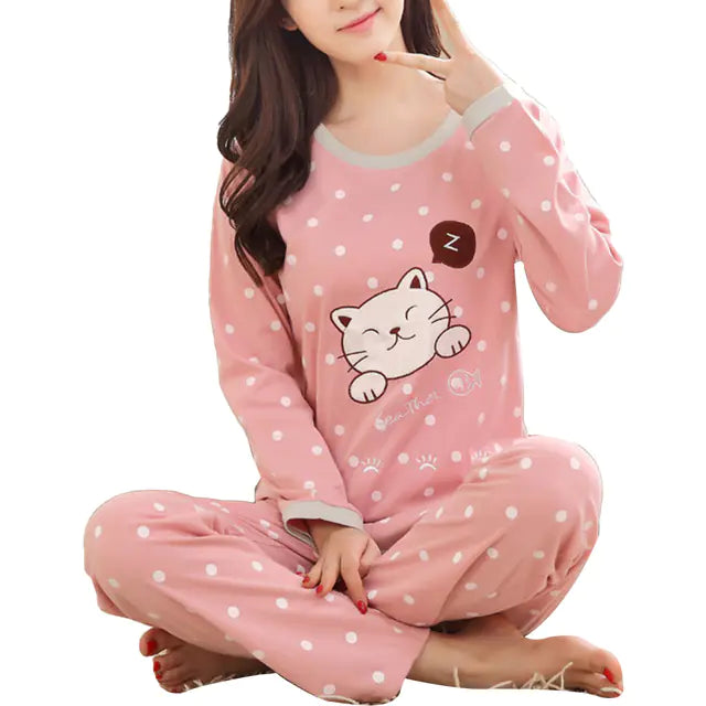 Cute Winter Cat Print Pajama Set for Women (2 Pieces)