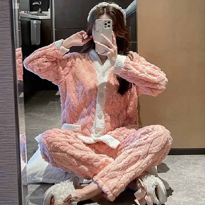 Thick Coral Fleece Long Sleeve Pajama Set for Women