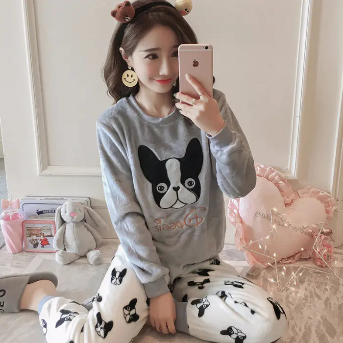 Cute Dog Printed Coral Fleece Pajama Set (2 Pieces)