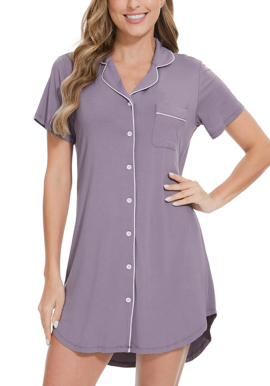 WiWi Nightgowns for Women- Viscose from Bamboo Short Sleeve Pajama Gowns Button Down Nightshirts S-XXL Violet Large