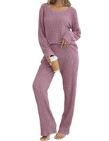 Womens Ribbed Knit Lounge Pajama Set Long Sleeve 2 Piece Loungewear Outfits Cozy Pj Sleepwear Set with Pockets Pink