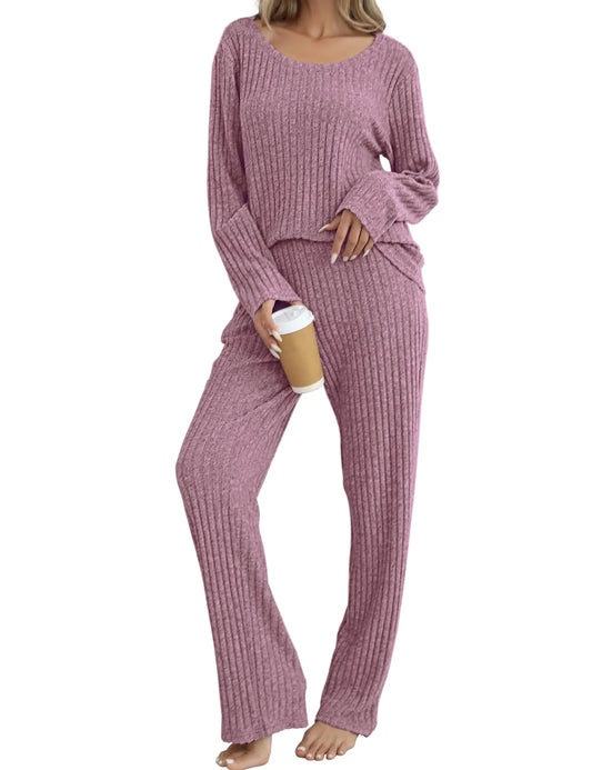 Womens Ribbed Knit Lounge Pajama Set Long Sleeve 2 Piece Loungewear Outfits Cozy Pj Sleepwear Set with Pockets Pink