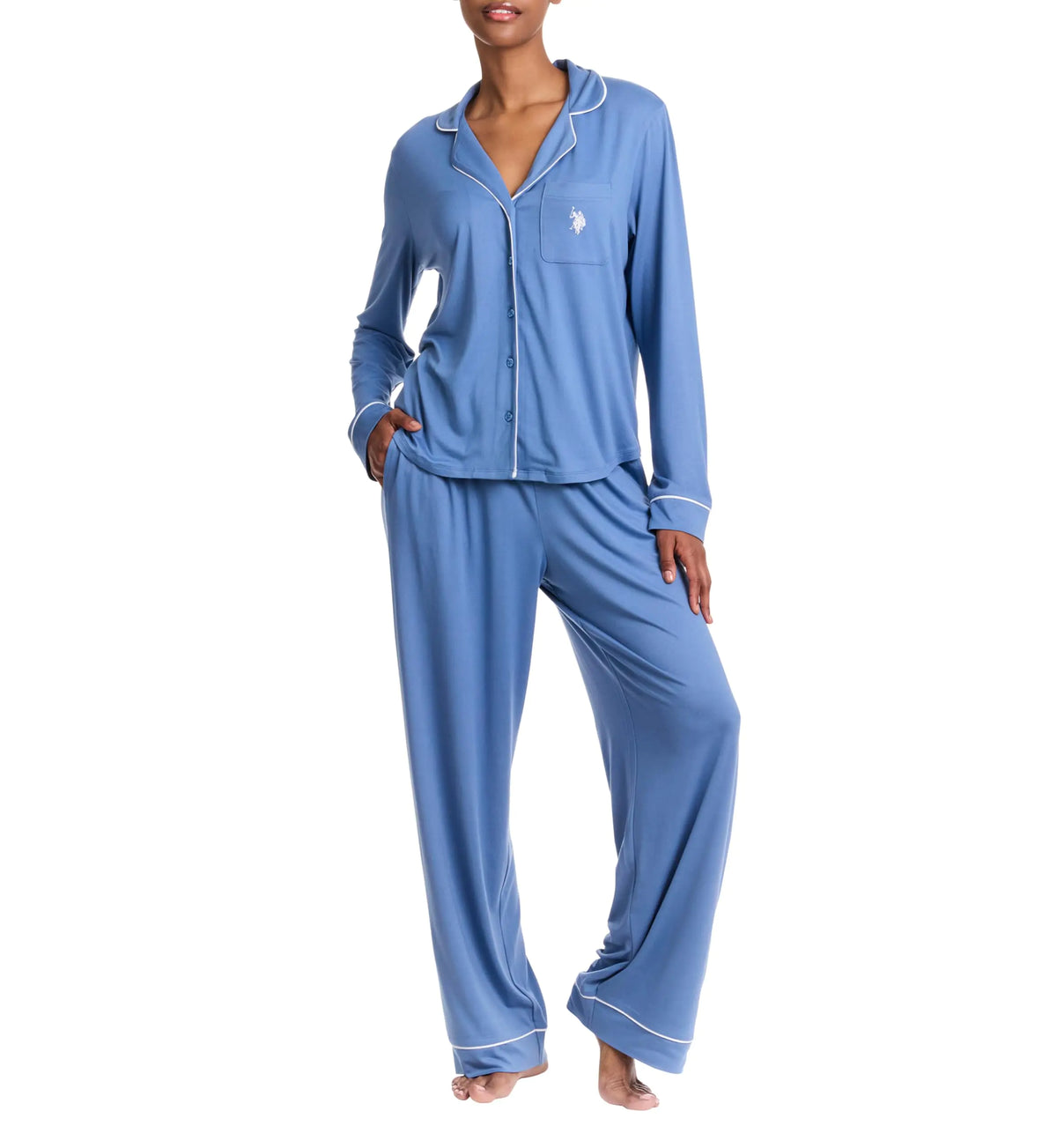 U.S. Polo Assn. Womens Pajama Sets - Long Sleeve Button Up Shirt and Pajama Pants Sleepwear Lounge Sets Bridesmaid Pajamas (Coronet Blue 3X)