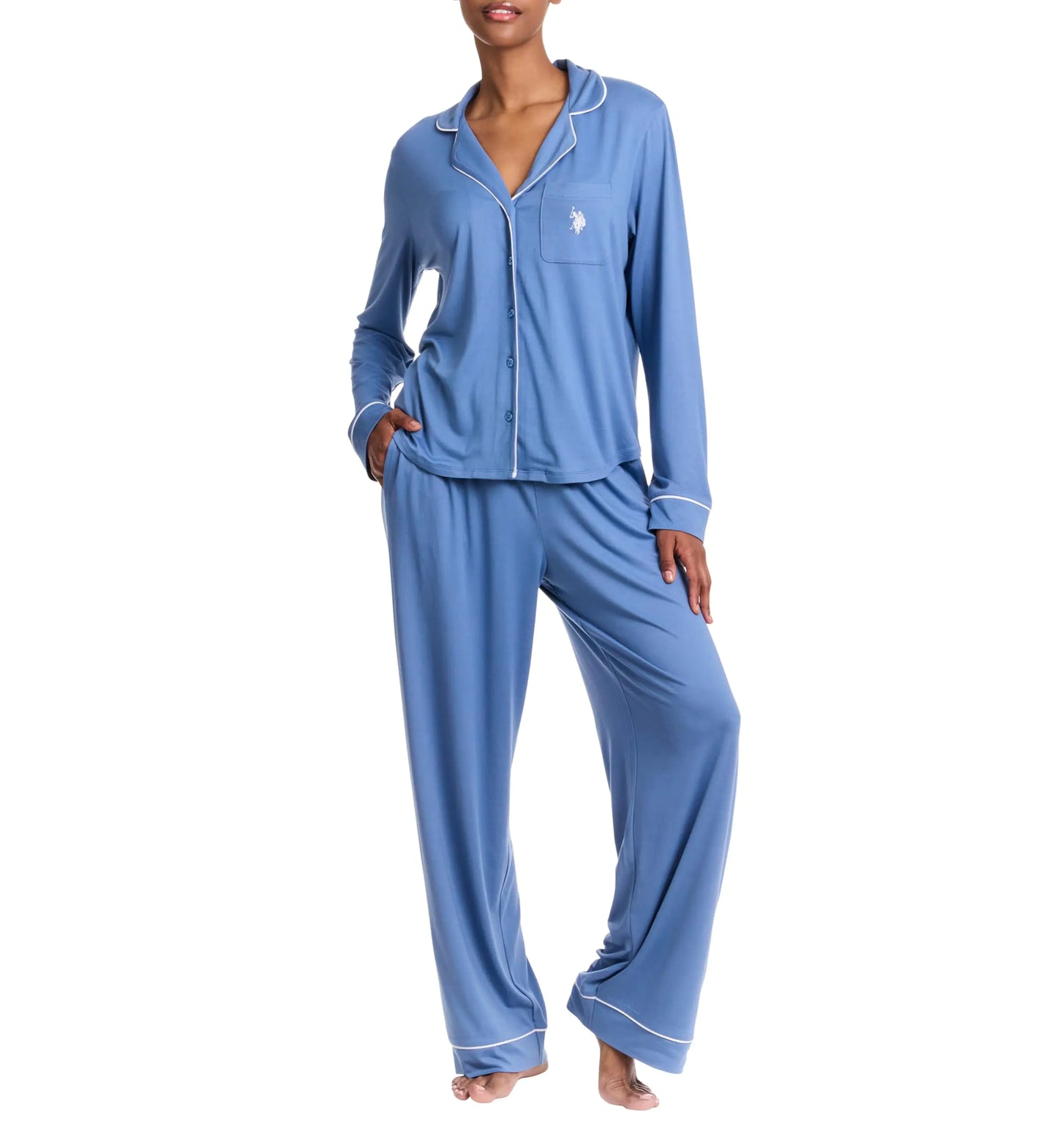 U.S. Polo Assn. Womens Pajama Sets - Long Sleeve Button Up Shirt and Pajama Pants Sleepwear Lounge Sets Bridesmaid Pajamas (Coronet Blue 3X)