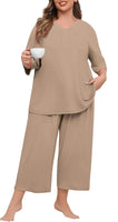 Lastshe Pajama Set Women Plus Size 2 Piece V Neck Knit Pjs Short Sleeve Tops Capri Pants Sleepwear LoungewearKhaki2X