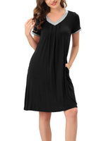 cheibear Womens Pajama Dress Nightshirt Sleepwear V-Neck with Pockets Lounge Nightgown Medium Black