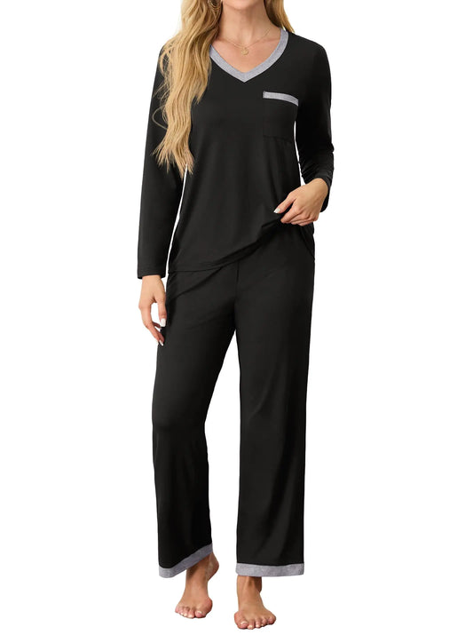 SHIJIALI Womens Pajama Sets 2 Piece Ladies Long Sleeve Lounge Outfits Long Pant Pjs With Pockets Black-Medium