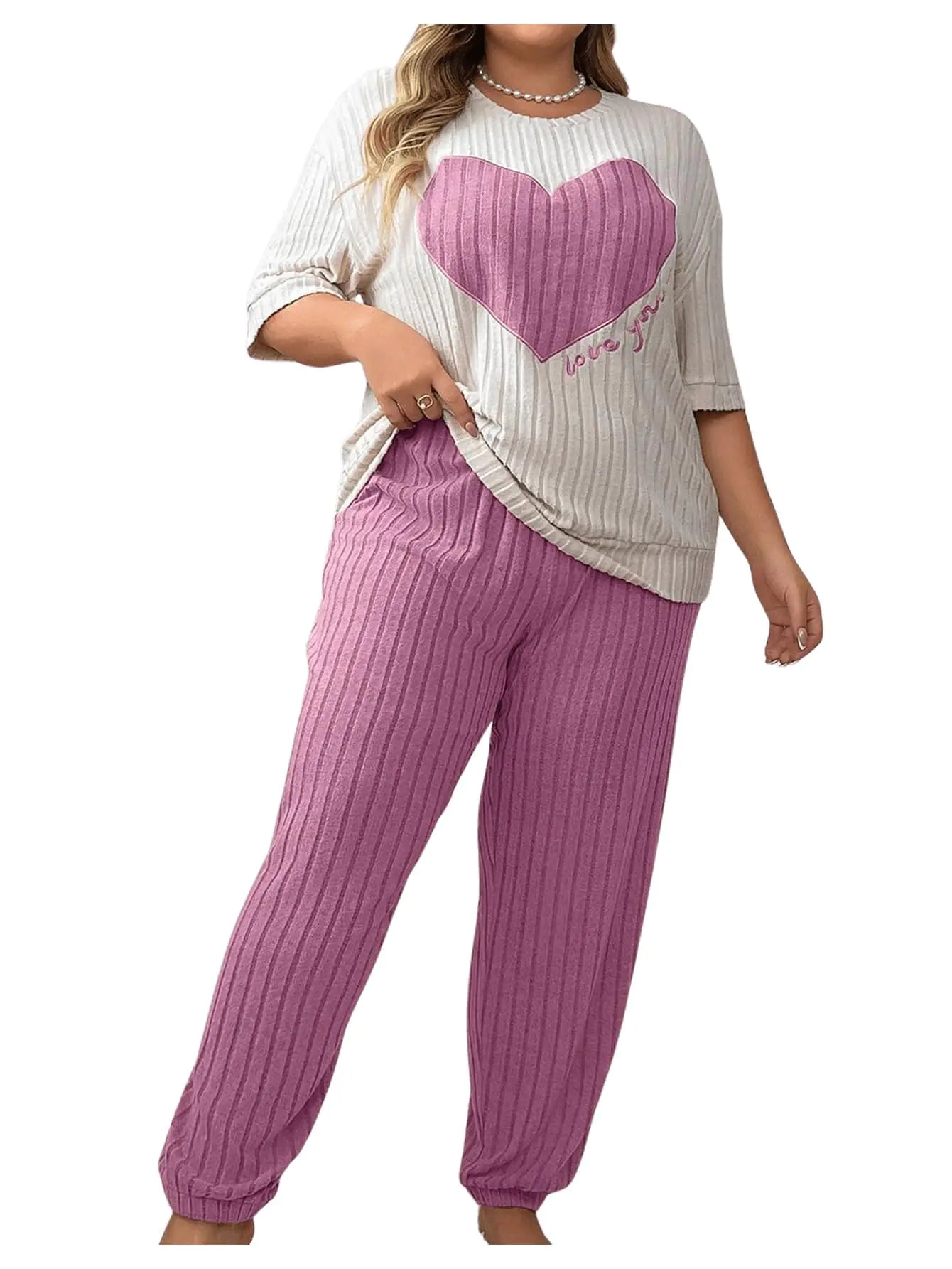 Verdusa Womens Plus Size Ribbed Pajama Set 2 Piece Half Sleeve Top and Pants Pink 4X-Large Plus
