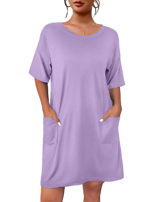 Ekouaer Sleep Shirts for Women Nightgown Short Sleeves T shirt Night Dress Round Neck Womans Nightgown with Pocket Lilac L