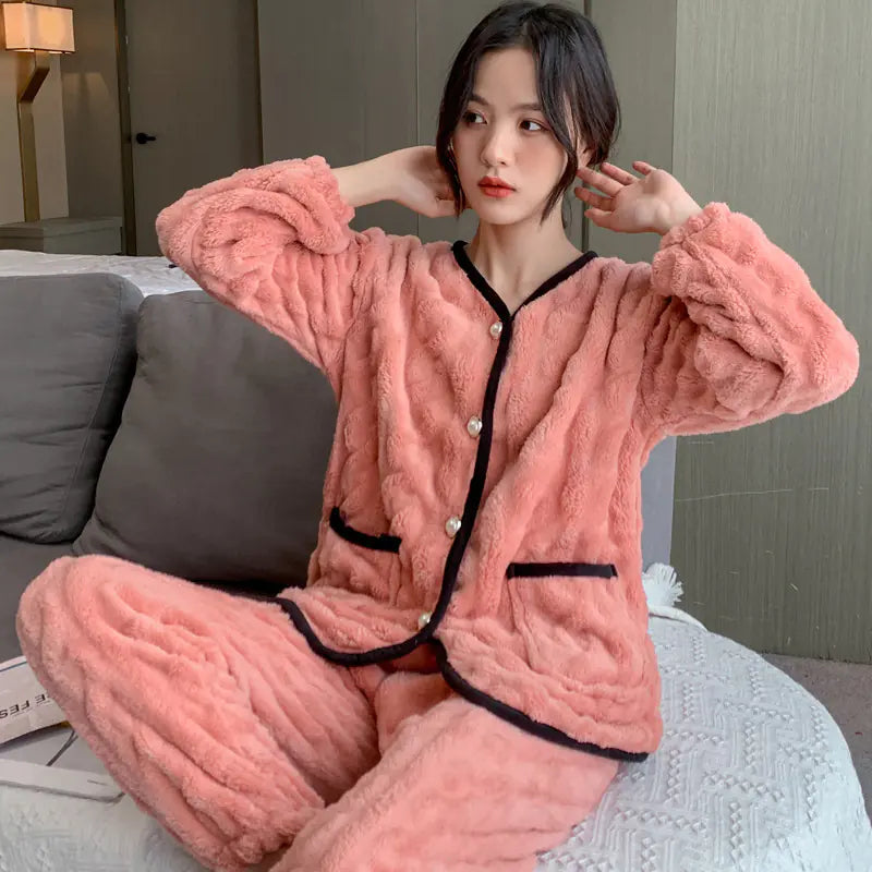 Thick Coral Fleece Long Sleeve Pajama Set for Women