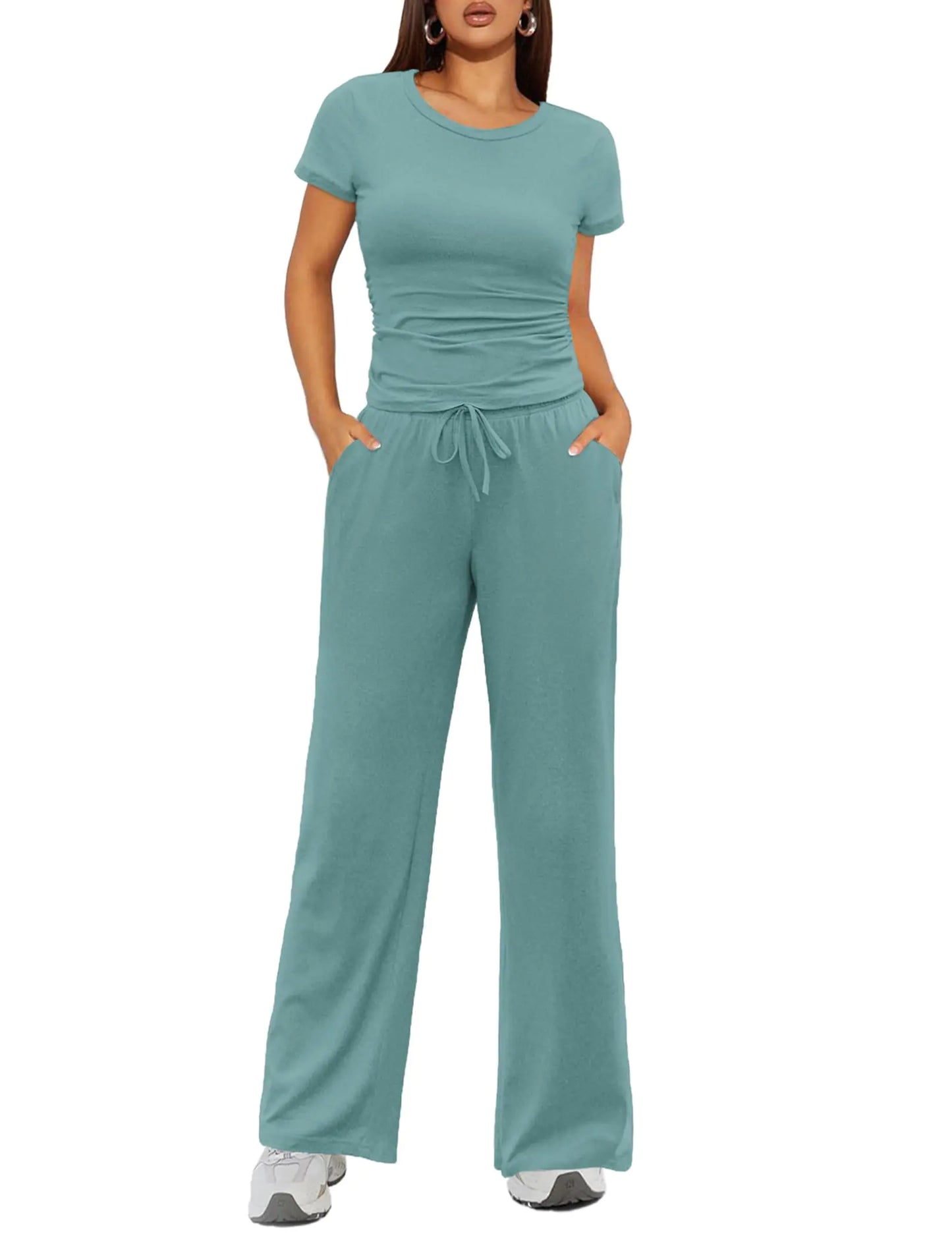 Ekouaer Womens 2 Piece Lounge Sets Ruched Short Sleeve Pajama Set High Waisted Wide Leg Pants Loungewear Tracksuit Sets