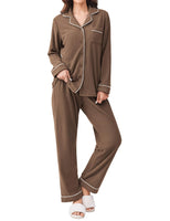 Ekouaer Womens Fleece Pajama Sets Long Sleeve Button Down Two-piece Sleepwear Soft Lounge Set Brown