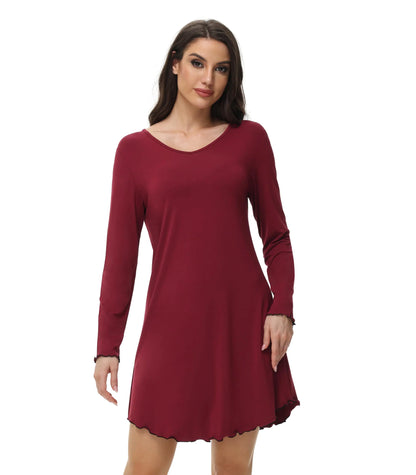WiWi Womens Nightgown Sleepwear Soft Sleepshirt Long Sleeve Nightshirt Pajama Dress-Viscose from Bamboo S-XXL Wine Large