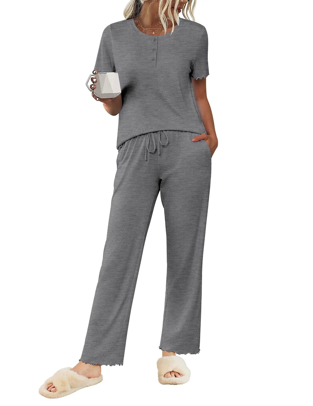 Ekouaer Pajama Sets for Women 2 Piece Short Sleeve Loungewear Button Down Pj Set Soft Sleepwear with Pockets Deep Gray S