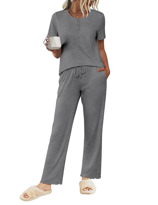 Ekouaer Pajama Sets for Women 2 Piece Short Sleeve Loungewear Button Down Pj Set Soft Sleepwear with Pockets Deep Gray S
