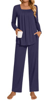 LONGYUAN Womens Pajama Sets 2 Piece Lounge Sleepwear Fall Casual Long Sleeve Pjs with Pocket Navy Blue 3XL
