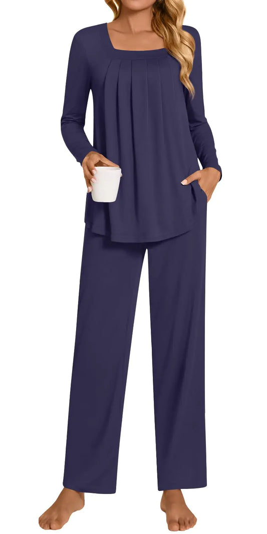 LONGYUAN Womens Pajama Sets 2 Piece Lounge Sleepwear Fall Casual Long Sleeve Pjs with Pocket Navy Blue 3XL