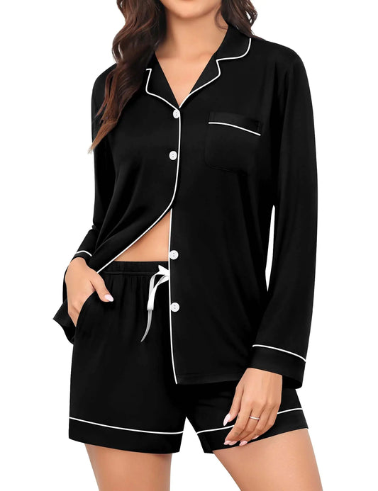 SWOMOG Womens Pajama Sets Long Sleeve and Shorts Pajamas Button Down Pjs 2 PCS Sleepwear Lounge Set with Pockets Black