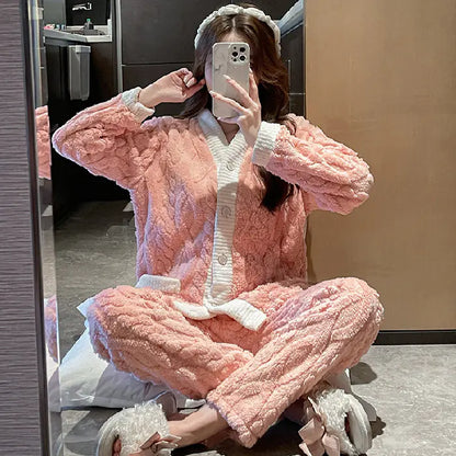 Thick Coral Fleece Long Sleeve Pajama Set for Women