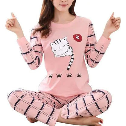 Cute Winter Cat Print Pajama Set for Women (2 Pieces)