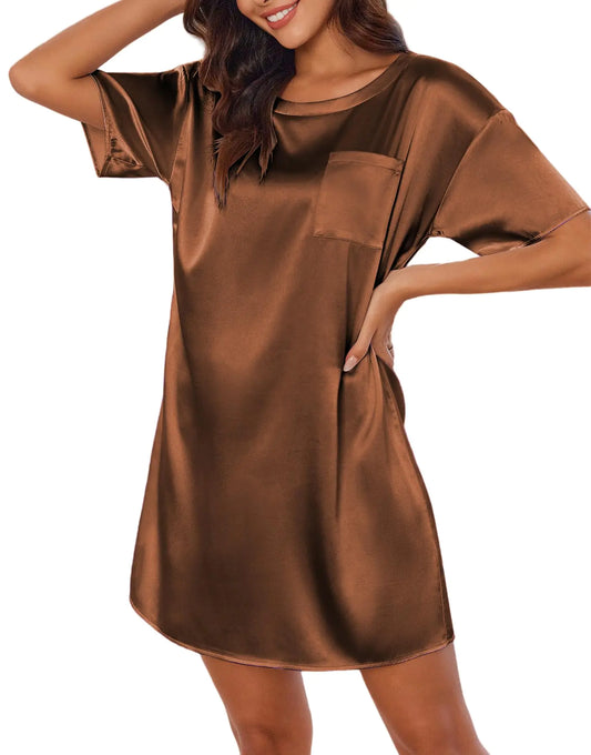 Ekouaer Silk Sleep Shirts for Women Satin Nightshirt Tshirt Nightgown Short Sleeve Sleepwear Round Neck Shirt Dress With Chest Pocket Light Brown L