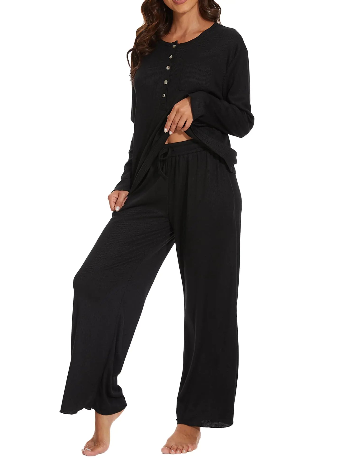 Reliwel Womens Knit Lounge Sets Fall Pajamas Button Soft Ladies Loungewear Sets Long Sleeve Tops & Wide Leg Pants Black