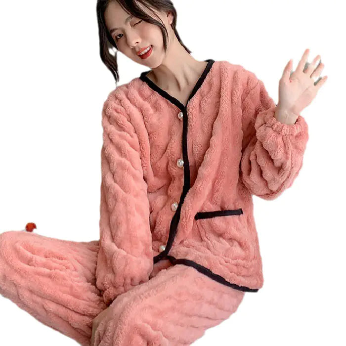 Thick Coral Fleece Long Sleeve Pajama Set for Women