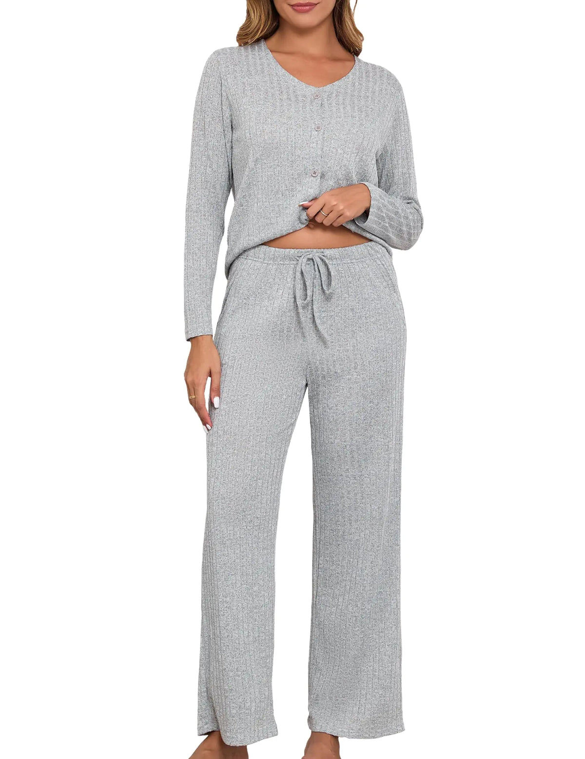 Viakeo Womens Pajama Set Long Sleeve Knitted Sleepwear Button Down Top And Pants Lounge Set S-3XL Grey
