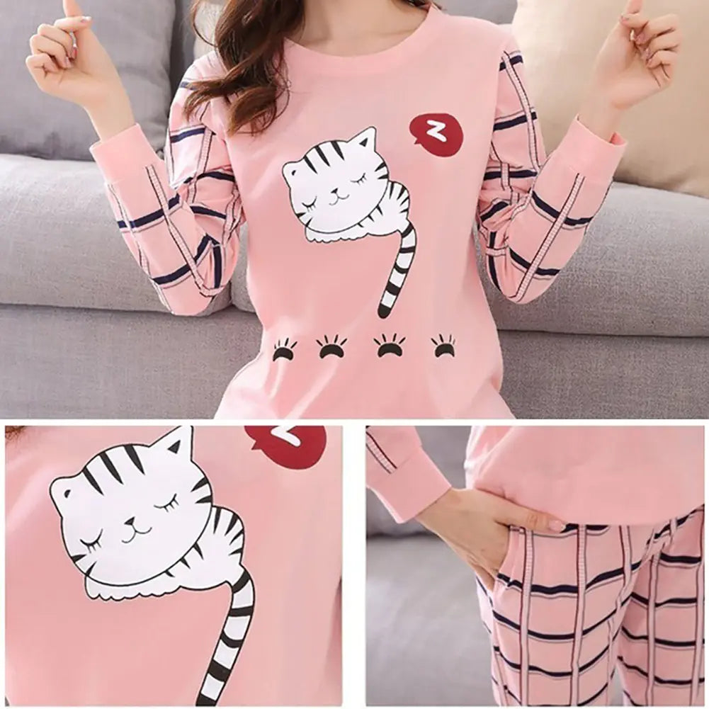 Cute Winter Cat Print Pajama Set for Women (2 Pieces)
