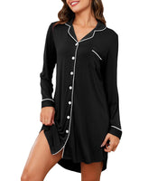 Hagmeu Womens Nightshirt Long Sleeve Button Down Nightgown V-Neck Sleepwear Pajama Dress BlackXX-Large