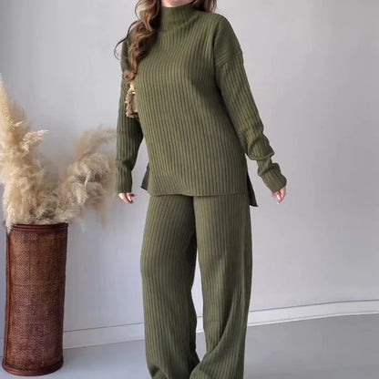Cozy Crew Neck Knitwear & Wide-Leg Pants Two-Piece Set – Effortless Casual Chic