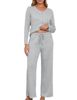 Viakeo Womens Pajama Set Long Sleeve Knitted Sleepwear Button Down Top And Pants Lounge Set S-3XL Grey