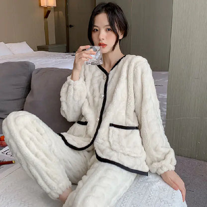 Thick Coral Fleece Long Sleeve Pajama Set for Women