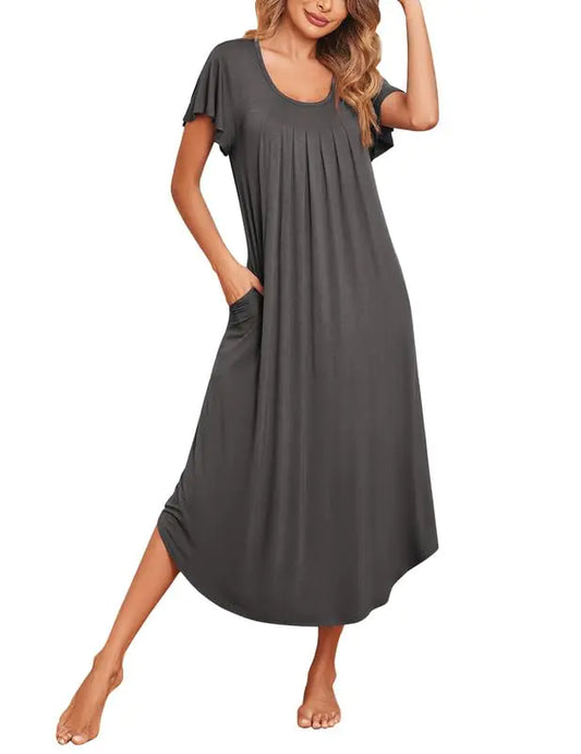 Ekouaer Womens Nightgowns Long Sleepshirt Short Flare Sleeve Sleepwear Soft Night Shirts with Pockets Drak Grey 3XL