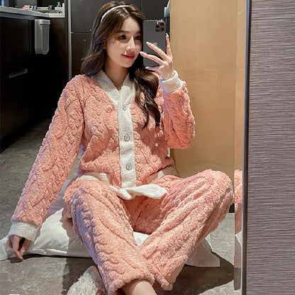 Thick Coral Fleece Long Sleeve Pajama Set for Women