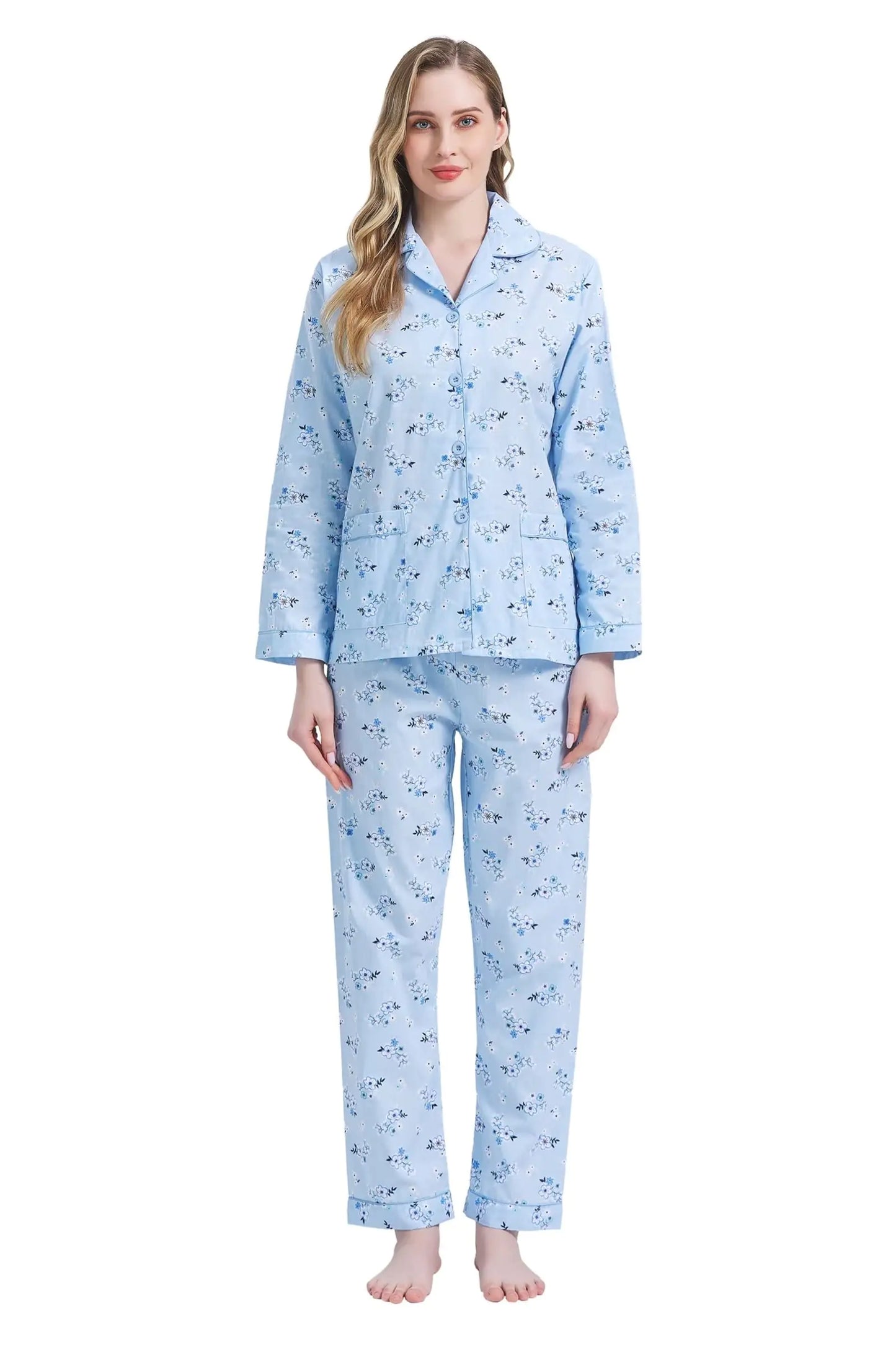 amaxer Womens 100% Cotton Pajama Sets | Two-Piece Soft Long-Sleeved PJs With Pants for All Seasons | Button Down Front Top and Drawstring Waist Bottom Nightwear