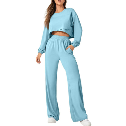 Womens 2 Piece Summer Outfits Ruched Slim Fitted Short Sleeve Tops High Waisted Wide Leg Pants Matching Lounge Sets