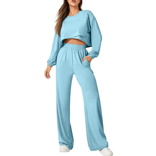 Womens 2 Piece Summer Outfits Ruched Slim Fitted Short Sleeve Tops High Waisted Wide Leg Pants Matching Lounge Sets