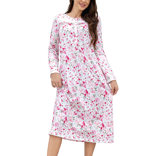 Lesserwing Long Sleeve Nightgowns for Women Soft Cotton Sleepwear Full Length Comfy Loungewear with Pockets
