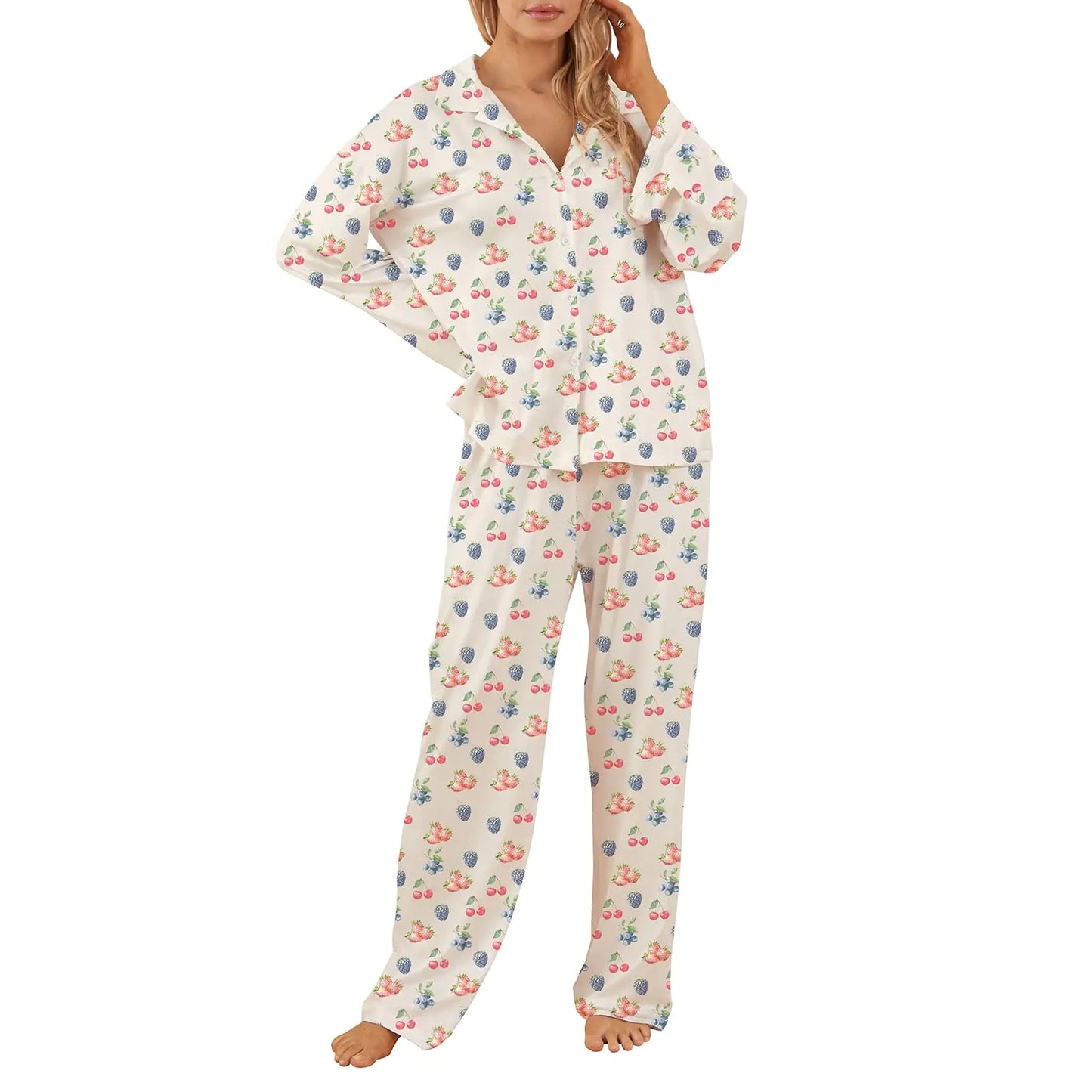 Women 2 Piece Floral Pajamas Lounge Set Y2k Long Sleeve Button Down Shirts Wide Leg Pants Pjs Matching Sets Fall Sleepwear 23_Strawberry_WhiteLarge