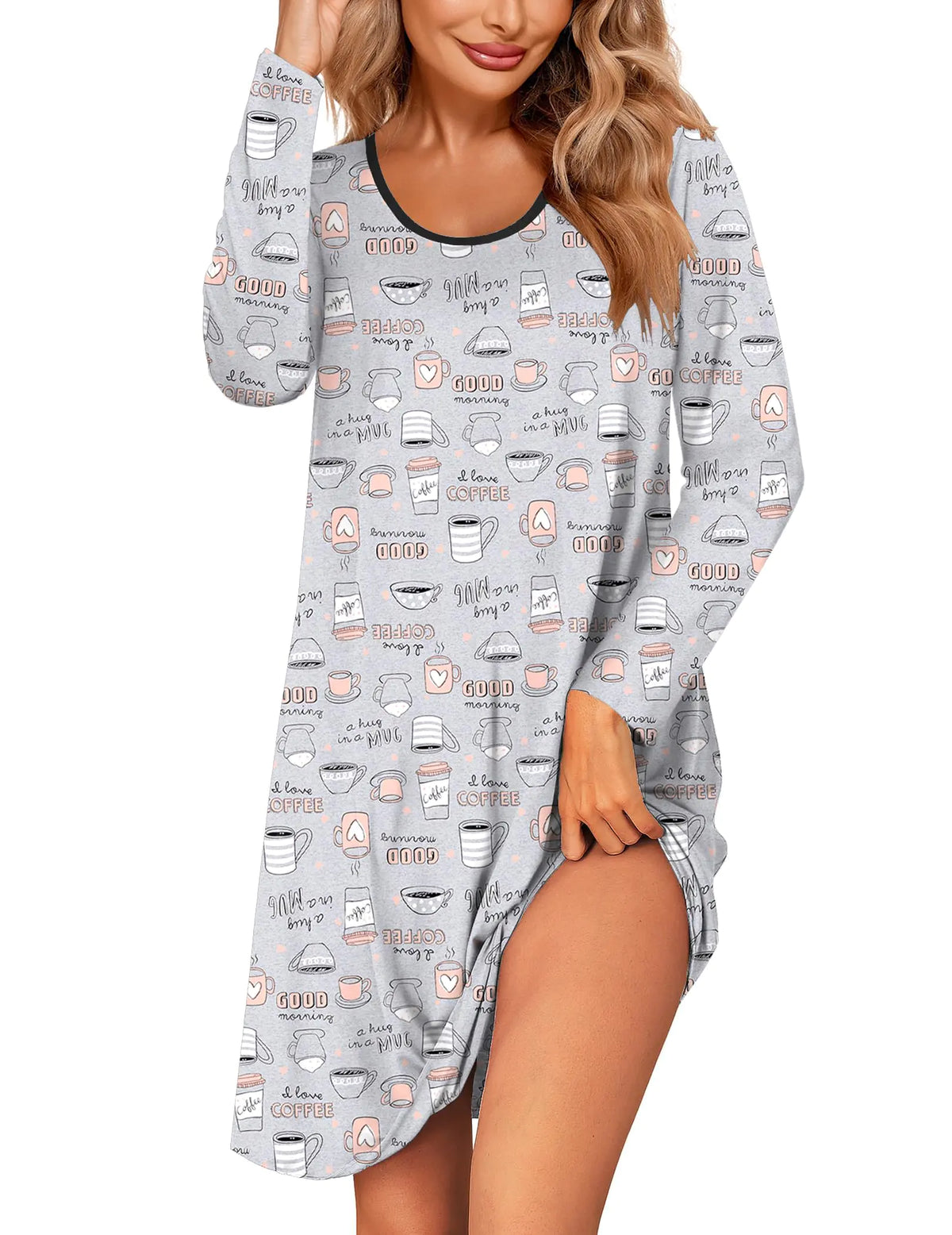 Ekouaer Womens Long Sleeve Nightgowns Sleep Shirts Cute Pajama Dress Casual Sleepwear Printed Nightshirts Tshirt Dress Coffee Cup XX-Large